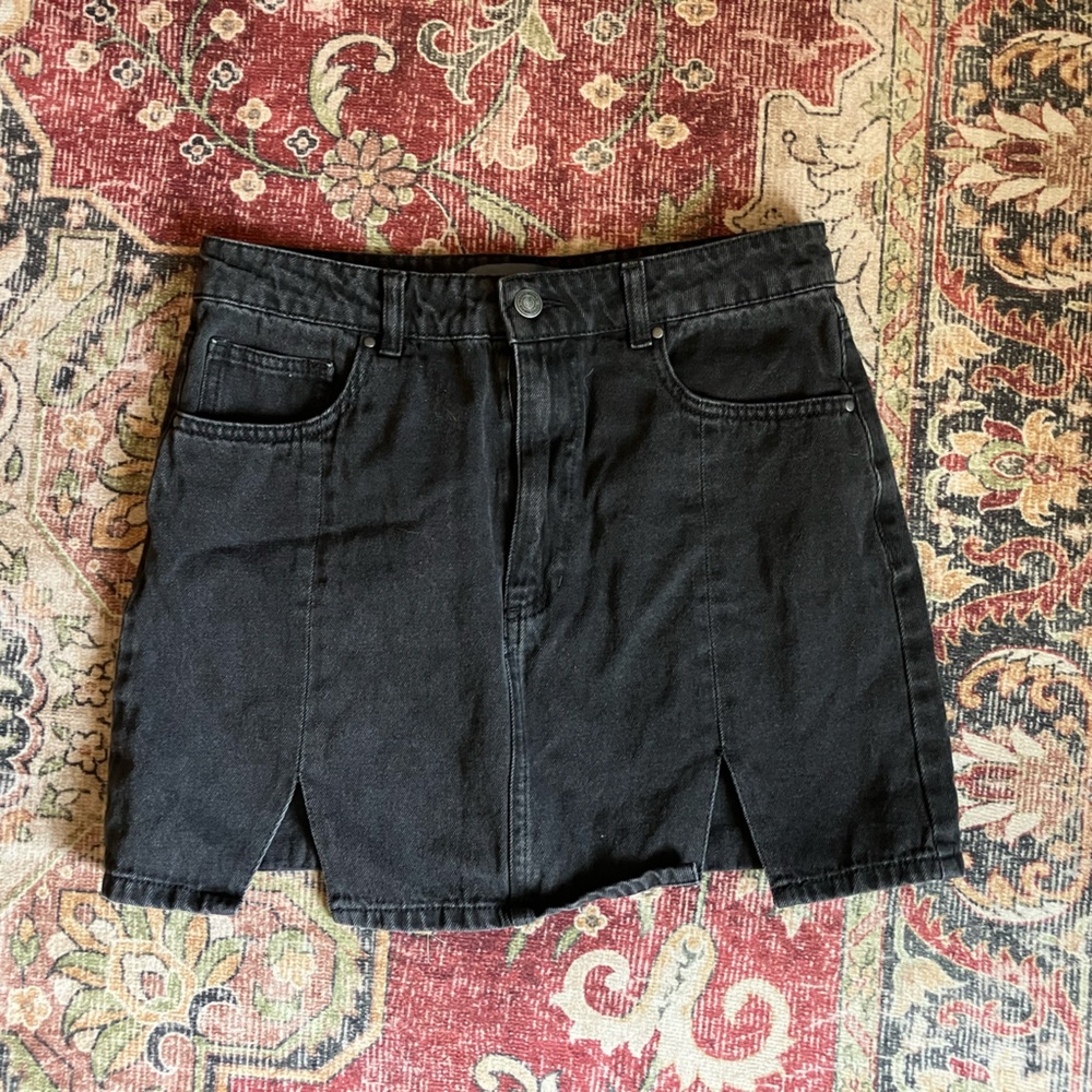Classic Black Denim Mini Skirt with Front Slits